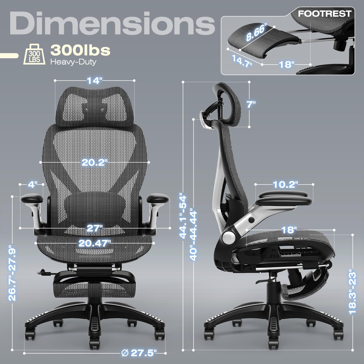 ELABEST X100 Ergonomic Mesh Office Chair with Footrest, Big and Tall Hone Desk Chair with 5D Flip-Up Arms, Adjustable 3D Lumbar Support,Gaming & Executive Computer Chairs - Image 2