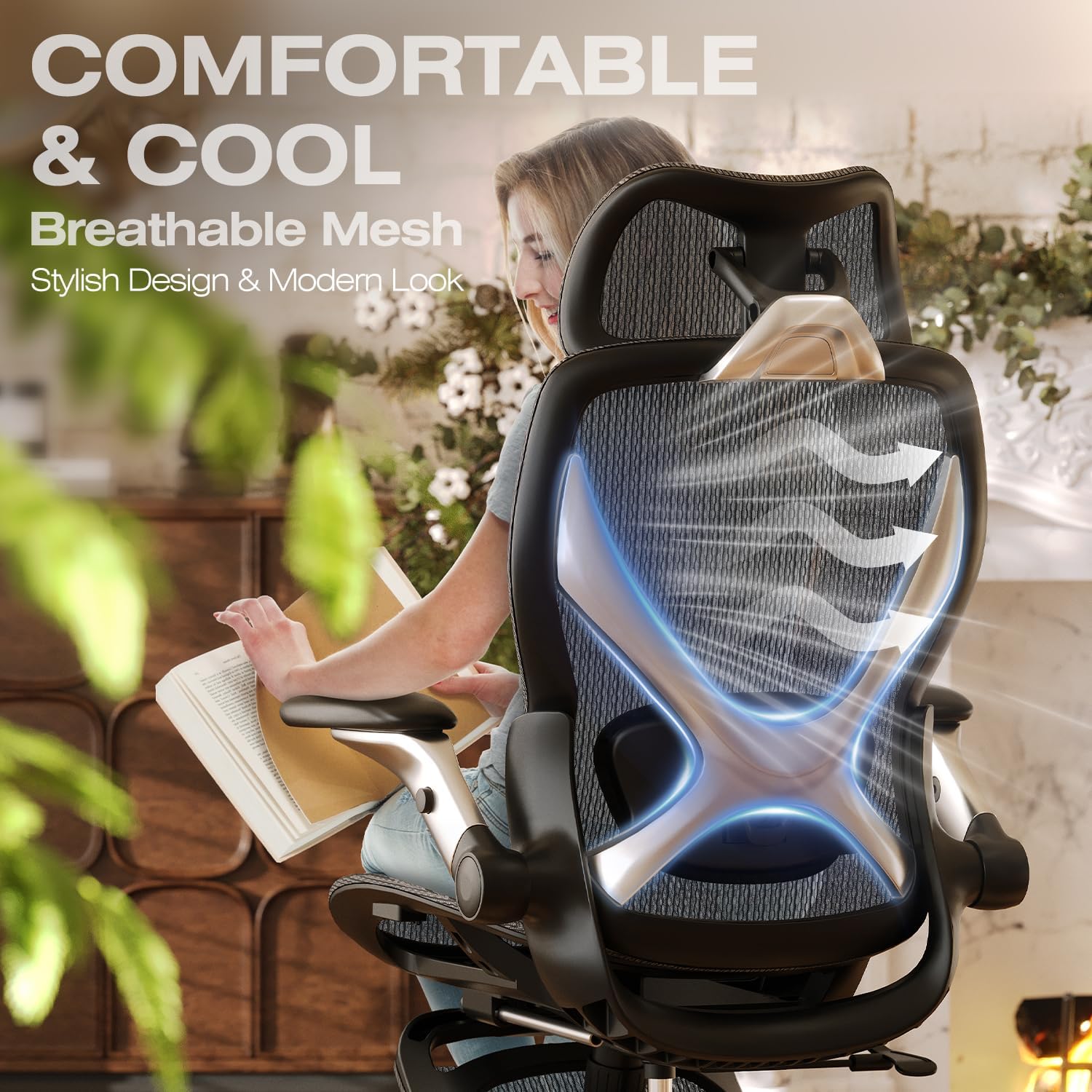ELABEST X100 Ergonomic Mesh Office Chair with Footrest, Big and Tall Hone Desk Chair with 5D Flip-Up Arms, Adjustable 3D Lumbar Support,Gaming & Executive Computer Chairs - Image 9